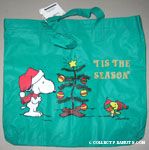 Snoopy and Woodstock by Christmas Tree Green Tote Bag
