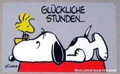Snoopy laying on doghouse with Woodstock on his nose 'Gluckliche stunden... sind stunden mit dir!' Wallet Greeting Card