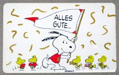 Snoopy waving banner with cheerleader and band Woodstocks 'Alles gute... und herzlichen gluckwunsch!' Wallet Greeting Card