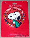 Snoopy wearing scarf surrounded by lights 'Happy Holidays' Button