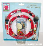 5 Piece Dinnerware set featuring Peanuts gang on red rim 