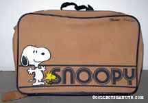 Snoopy and Woodstock standing next to name  Blue & Tan Suitcase