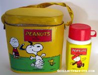 Snoopy & Woodstock dancing with Charlie Brown looking on Yellow Vinyl Lunch Box