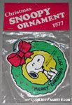 Snoopy sitting in wreath 'Merry Christmas 1977' Wooden Ornament