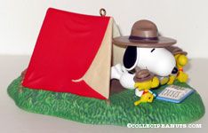 Beagle Scout Snoopy and Woodstock around fire at tent Ornament