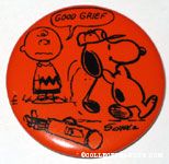 Snoopy golfing with Charlie Brown caddie Button