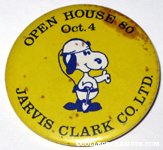 Snoopy dressed as Miner 'Jarvis Clark Co. Open House 80' Button