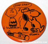 Snoopy golfing with Charlie Brown caddie Button