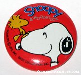 Woodstock sitting on Snoopy's nose Button