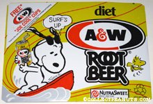 Snoopy & Woodstock surfing A&W Diet Root Beer Box Side