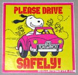 Snoopy driving pink car with flying Woodstock 'Please Drive Safely' Sticker