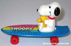 Snoopy and Woodstock sitting on blue skateboard