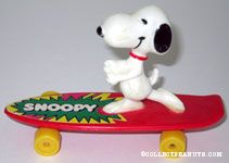 Snoopy dancing on red skateboard