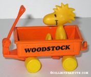 Woodstock sitting in orange wagon