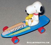 Snoopy & Woodstock sitting on blue skateboard
