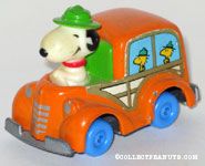 Snoopy driving Woodstock Beaglescouts in Orange Van