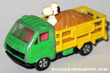 Snoopy riding in back of Hay Truck