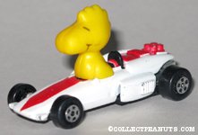 Woodstock in white race car with red stripe