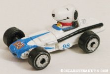 Snoopy in tiny white & blue race car