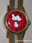 Snoopy dancing on Red Face with striped ribbon band