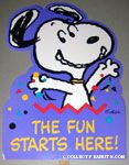 Snoopy with Confetti 'The Fun Starts Here' Yard Sign