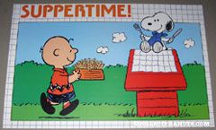 Snoopy sitting on doghouse Charlie Brown with dog dish of french fried 'Suppertime' Placemat