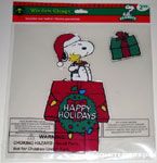 Snoopy hugging Woodstock on top of Christmas Decorated Doghouse Jelz Window Cling