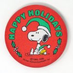Snoopy & Woodstock wearing stocking caps 'Happy Holidays' Fabric-covered Button