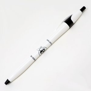 A white ballpoint pen with a black clip and tip, featuring the Snoopy Beaglefest 2025 Pen logo and text printed along the barrel, displayed diagonally against a plain white background.
