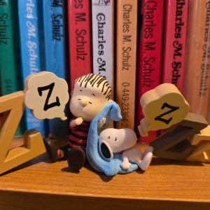 A miniature Peanuts figurine displayed in front of a row of Charles M. Schulz books, featuring Linus and Snoopy sleeping side by side wrapped in a blue blanket, flanked by wooden "Z" speech bubble cutouts representing snoring.