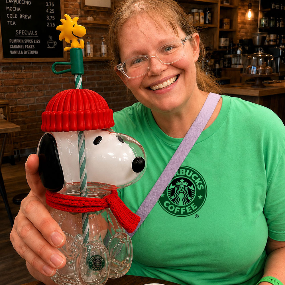 A woman wearing glasses and a green Starbucks t-shirt smiles while holding up a clear cup shaped like Snoopy wearing a red hat and scarf, with a chalkboard coffee menu visible in the background.