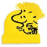 A bright yellow knit beanie featuring a black graphic of Snoopy hugging Woodstock, topped with a thick, spiky fringe of yellow yarn that resembles Woodstock's hair.