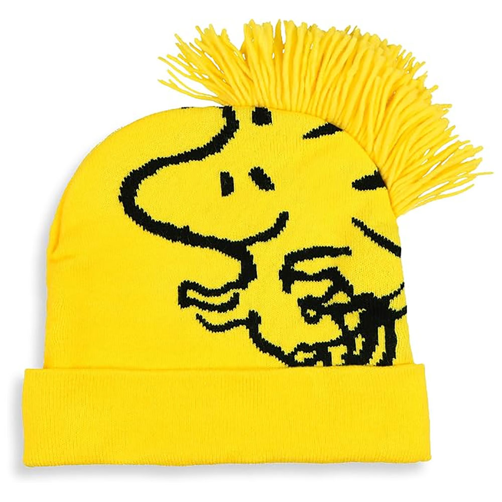 A bright yellow knit beanie featuring a black graphic of Snoopy hugging Woodstock, topped with a thick, spiky fringe of yellow yarn that resembles Woodstock's hair.