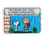 Snoopy and Charlie Brown on doorstep Comic Sticker 'Section One Rule Three... if it begins to rain, the dog shall be invited into the house '