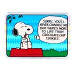 Snoopy Eating Cookies Comic Sticker 'Sorry, you'll never convince me that there's more to life than chocolate chip cookies'
