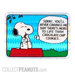 Snoopy Eating Cookies Comic Sticker 'Sorry, you'll never convince me that there's more to life than chocolate chip cookies'