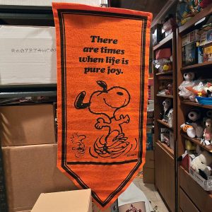 An orange felt Peanuts pennant banner hanging vertically, featuring a black illustration of Snoopy doing a happy dance next to Woodstock with the text "There are times when life is pure joy."