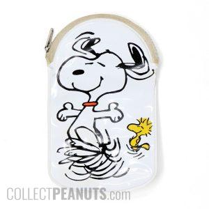 A white vinyl pouch with a zipper closure, featuring an illustration of Snoopy and Woodstock dancing joyfully together.