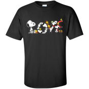 Interesting concept. However, the execution of this design would never be approved. Stretching the characters to fit is a no-no. Snoopy Love Shirt