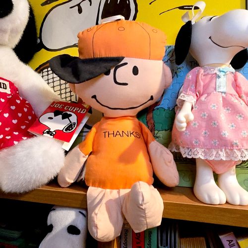 Charlie Brown plush doll wearing an orange cap and an orange shirt that says "THANKS", seated next to a plush doll of a female Peanuts character in a pink lace dress, with a "Joe Cupid" card and other plush items visible in the background.