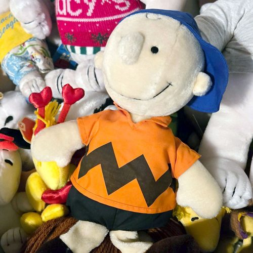 Charlie Brown plush doll wearing a blue cap and his signature orange shirt with a black zigzag pattern, seated alongside other Peanuts plush toys.