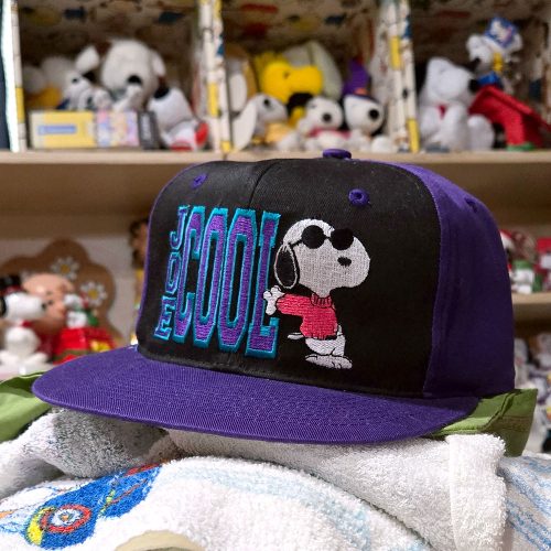 A purple and black flat-brim baseball cap featuring an embroidered "JOE COOL" logo in blue and purple text next to an image of Snoopy wearing sunglasses and a pink sweater.