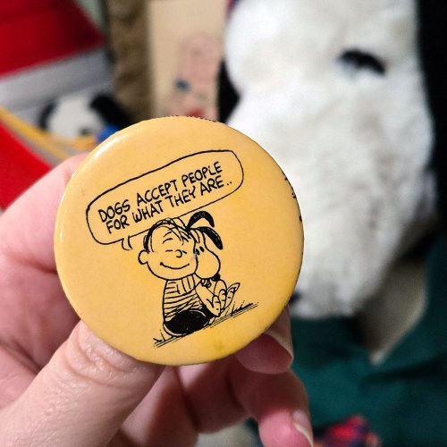 A hand holds a yellow round pinback button featuring Linus holding a blanket next to Snoopy, with the text "DOGS ACCEPT PEOPLE FOR WHAT THEY ARE...", against a blurry background with a plush Snoopy doll.