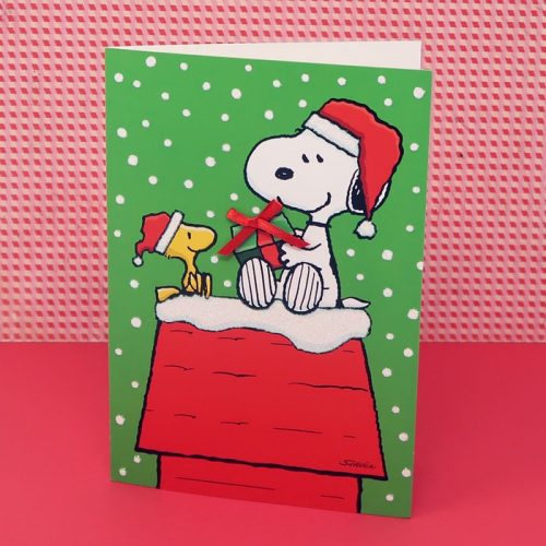 Snoopy & Woodstock on Doghouse with Present Christmas Cards