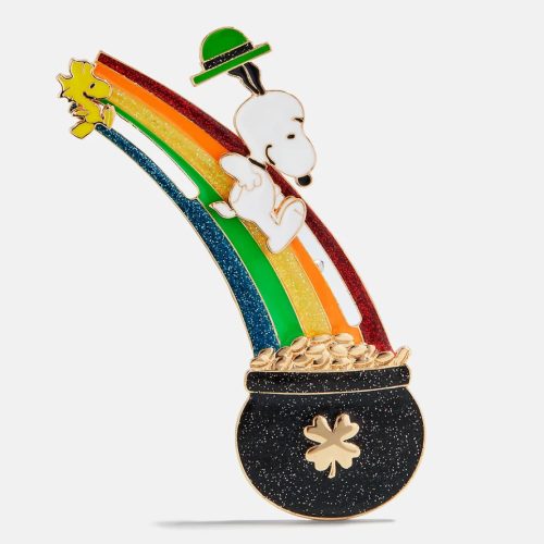 BaubleBar Saint Patrick's Day pin featuring Snoopy wearing a green bowler hat and Woodstock riding a colorful rainbow that leads into a black pot of gold decorated with a shamrock.
