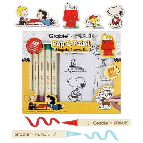 A Grabie x Peanuts Pop & Paint Magnetic Canvas Kit featuring dual-tone markers and a collection of Peanuts character magnets surrounding the product box.
